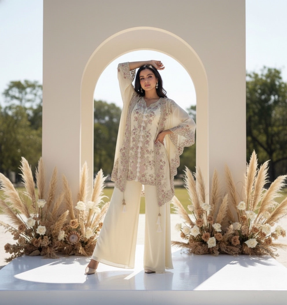 Yami Ivory Indowestern Three Piece Cape Set