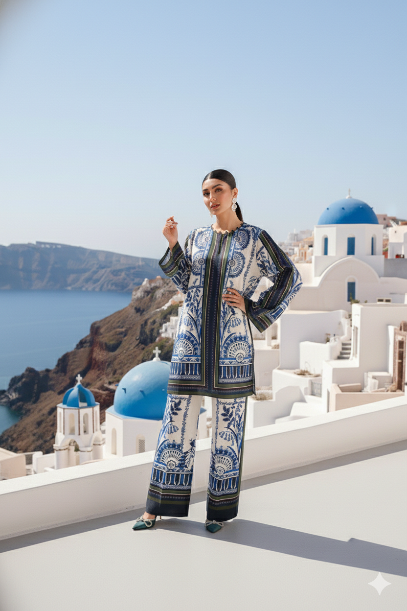 Santorini luxe Aegean print co-ord set