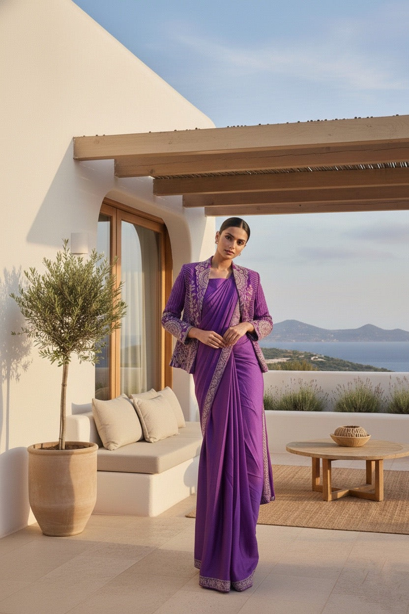 Rashmika Purple Jacket Drape Saree