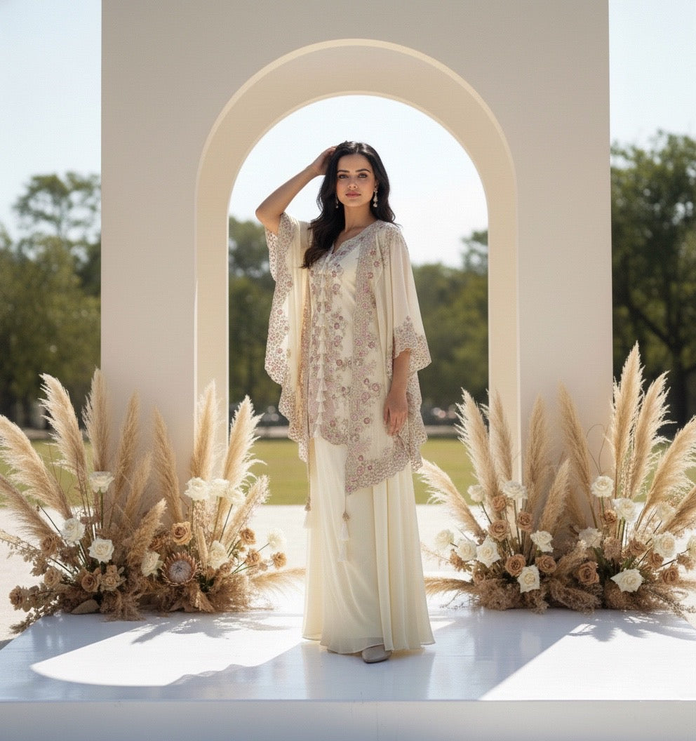 Yami Orange Indowestern Three piece Cape Set