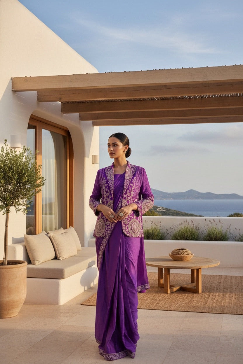 Rashmika Purple Jacket Drape Saree