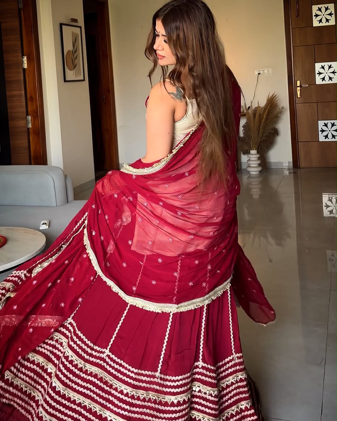 Riviya Ivory and Wine Kurta Lehenga Set