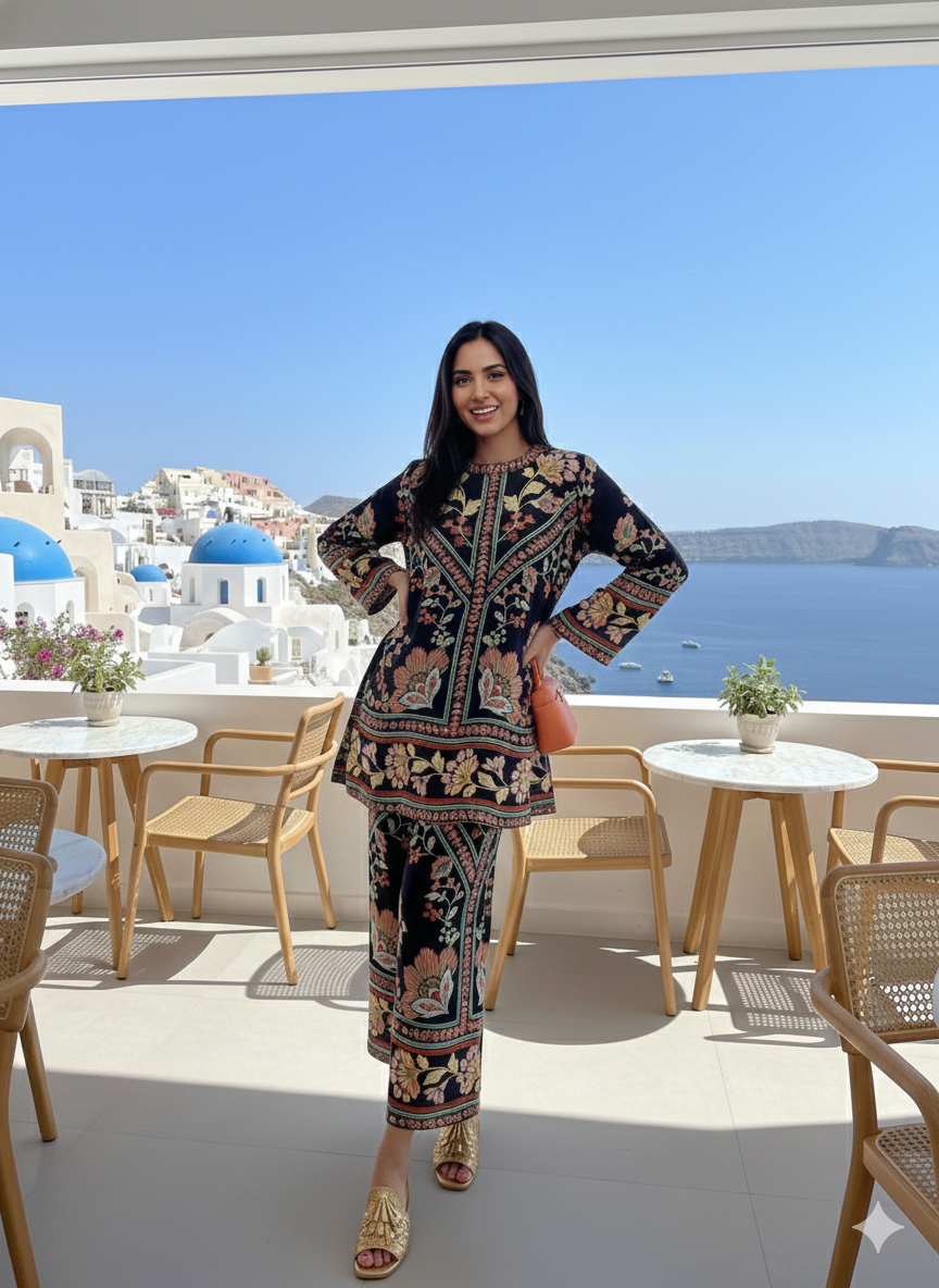 Santorini luxe midnight botanical print co-ord set