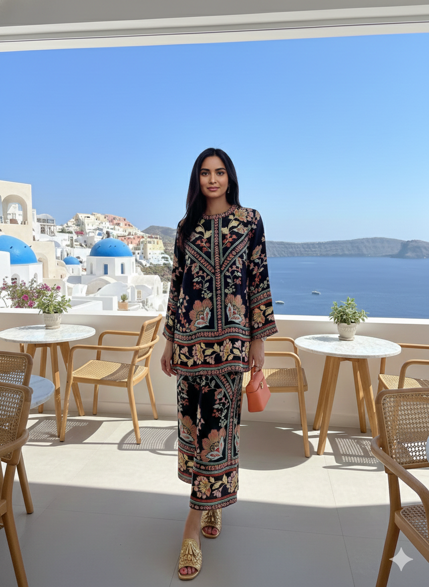 Santorini luxe midnight botanical print co-ord set