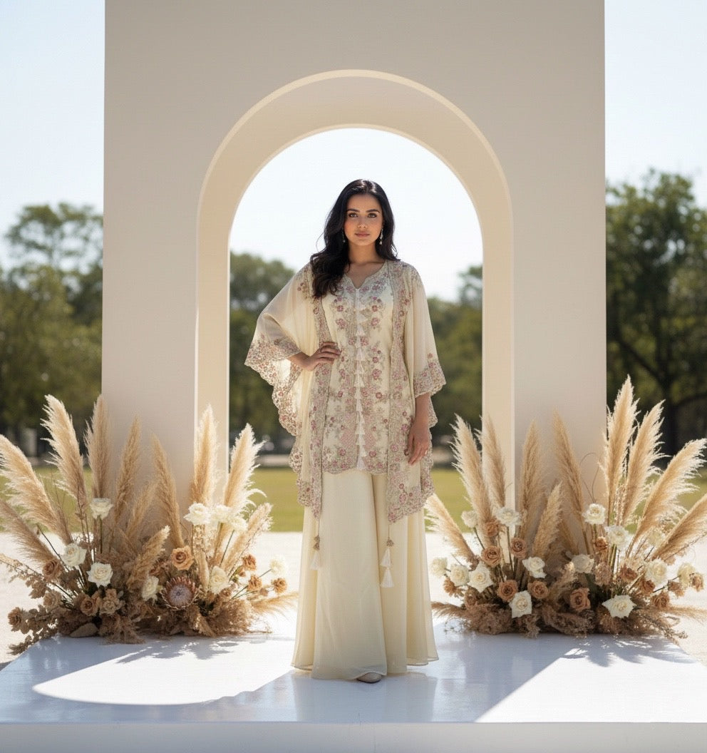 Yami Mustard Three Piece Indowestern Cape Set