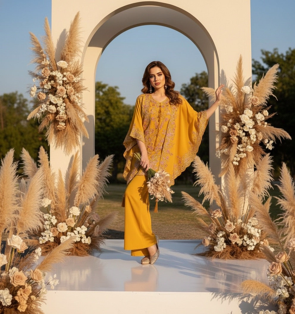 Yami Mustard Three Piece Indowestern Cape Set