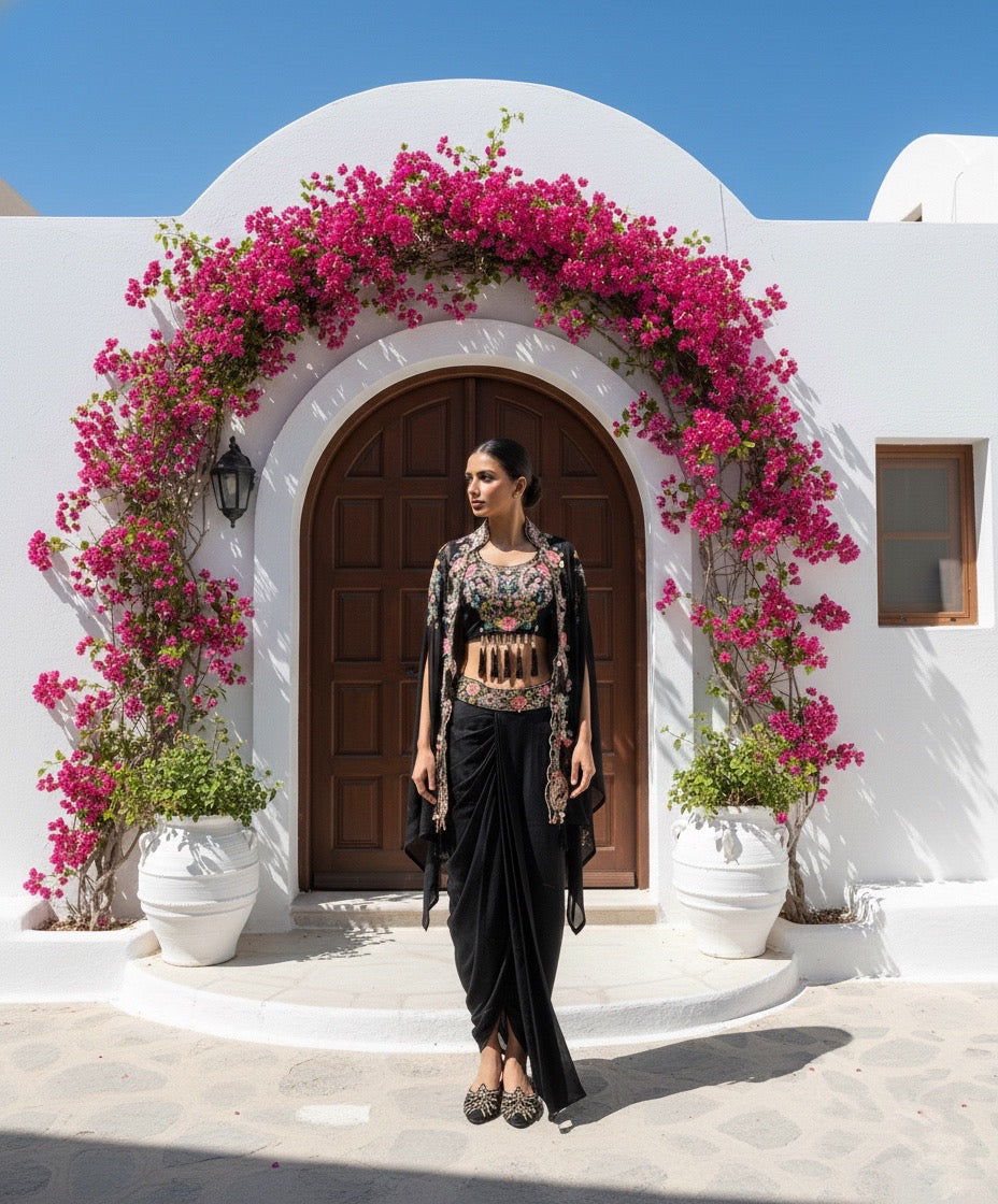 Tapsee Black Dhoti Cape Set