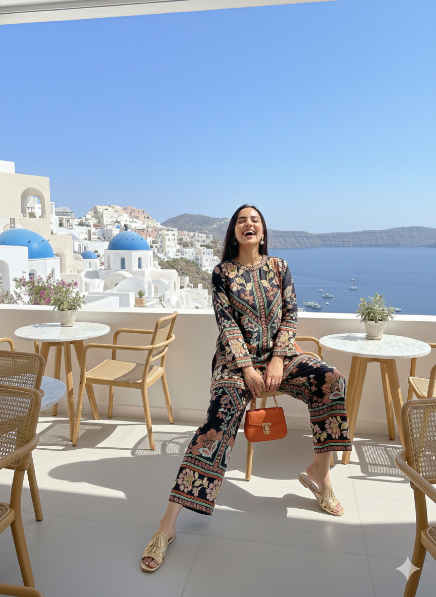 Santorini luxe midnight botanical print co-ord set