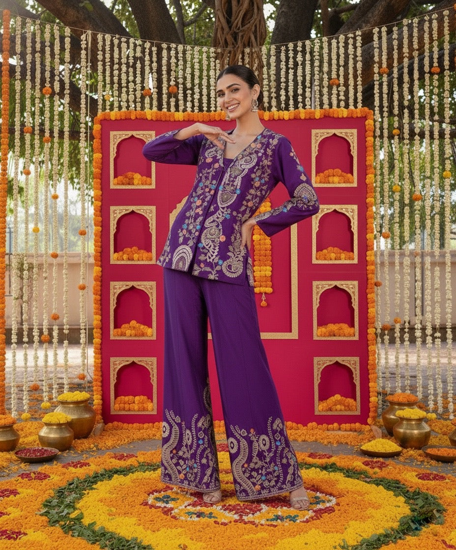 Sonakshi Three piece Purple Indowestern Set