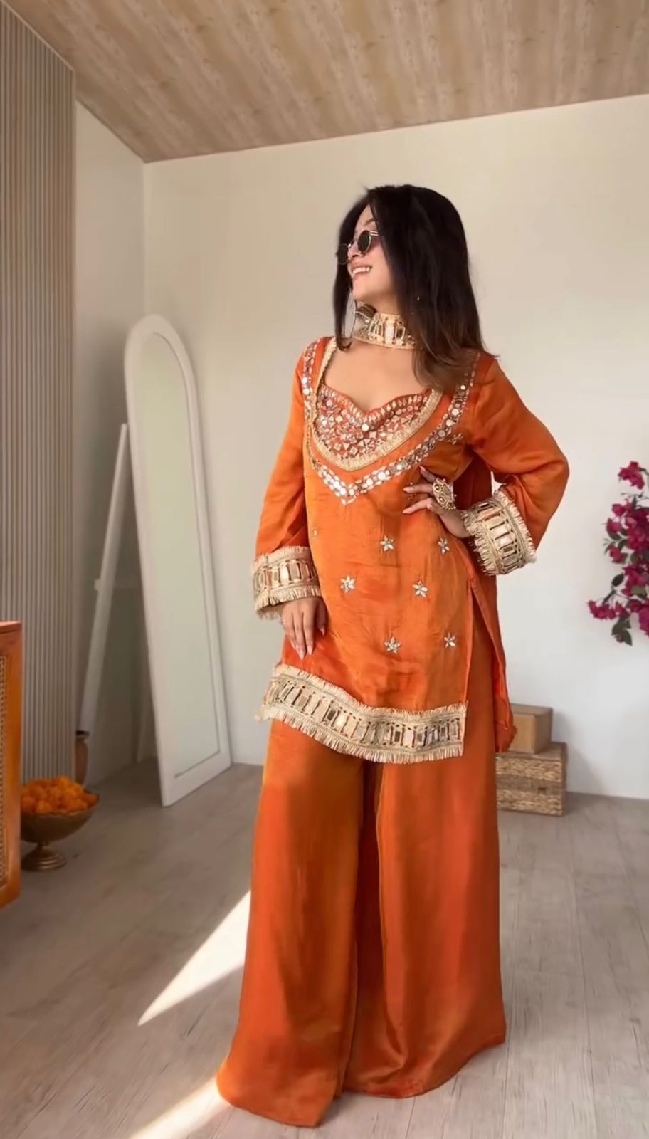 Ruhani sunset orange zari suit