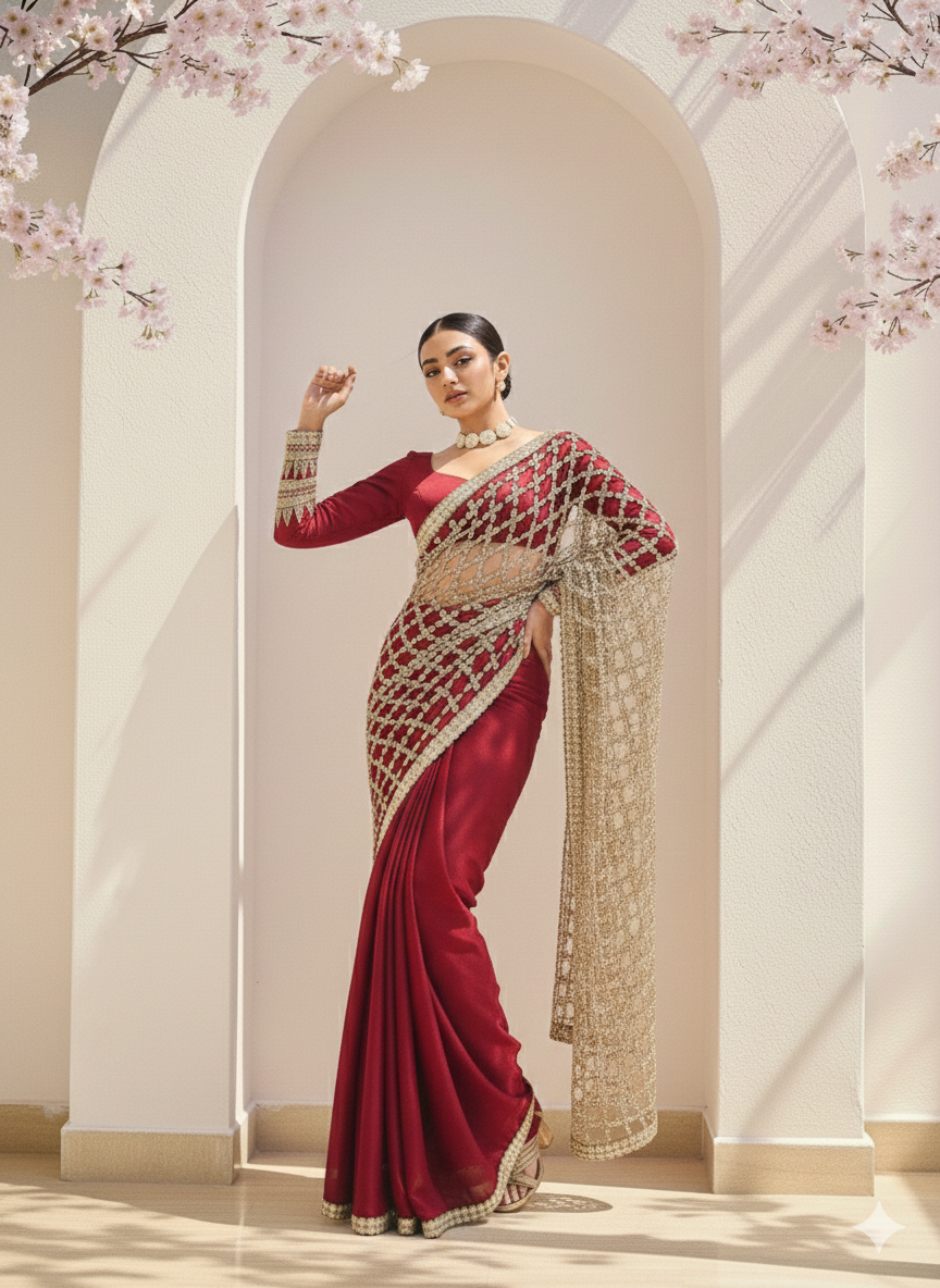 Sonali rich red gold saree
