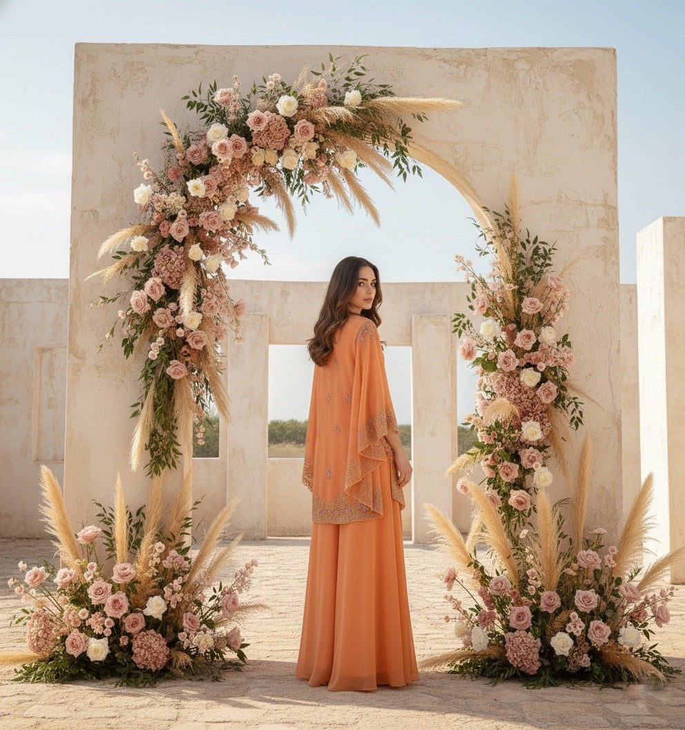 Yami Orange Indowestern Three piece Cape Set