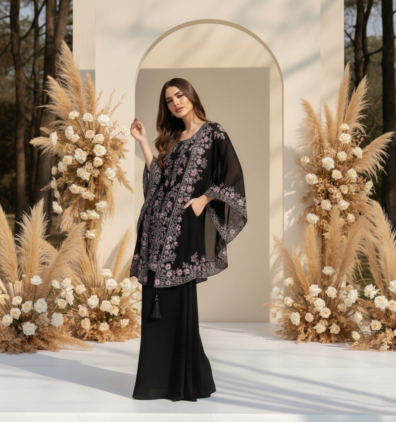 Yami Black Indowestern Three Piece Cape Set
