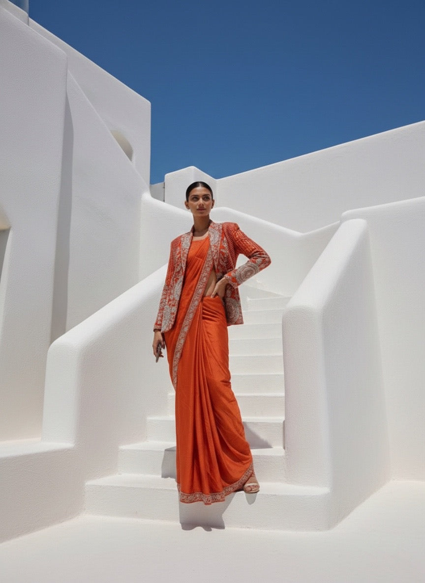 Rashmika Orange Jacket Drape Saree