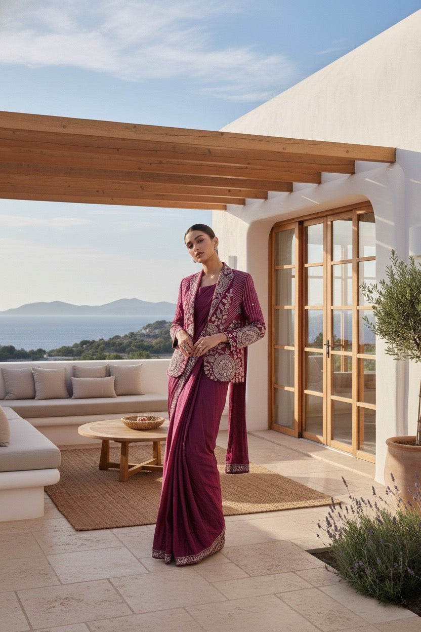 Rashmika Wine Jacket Drape Saree