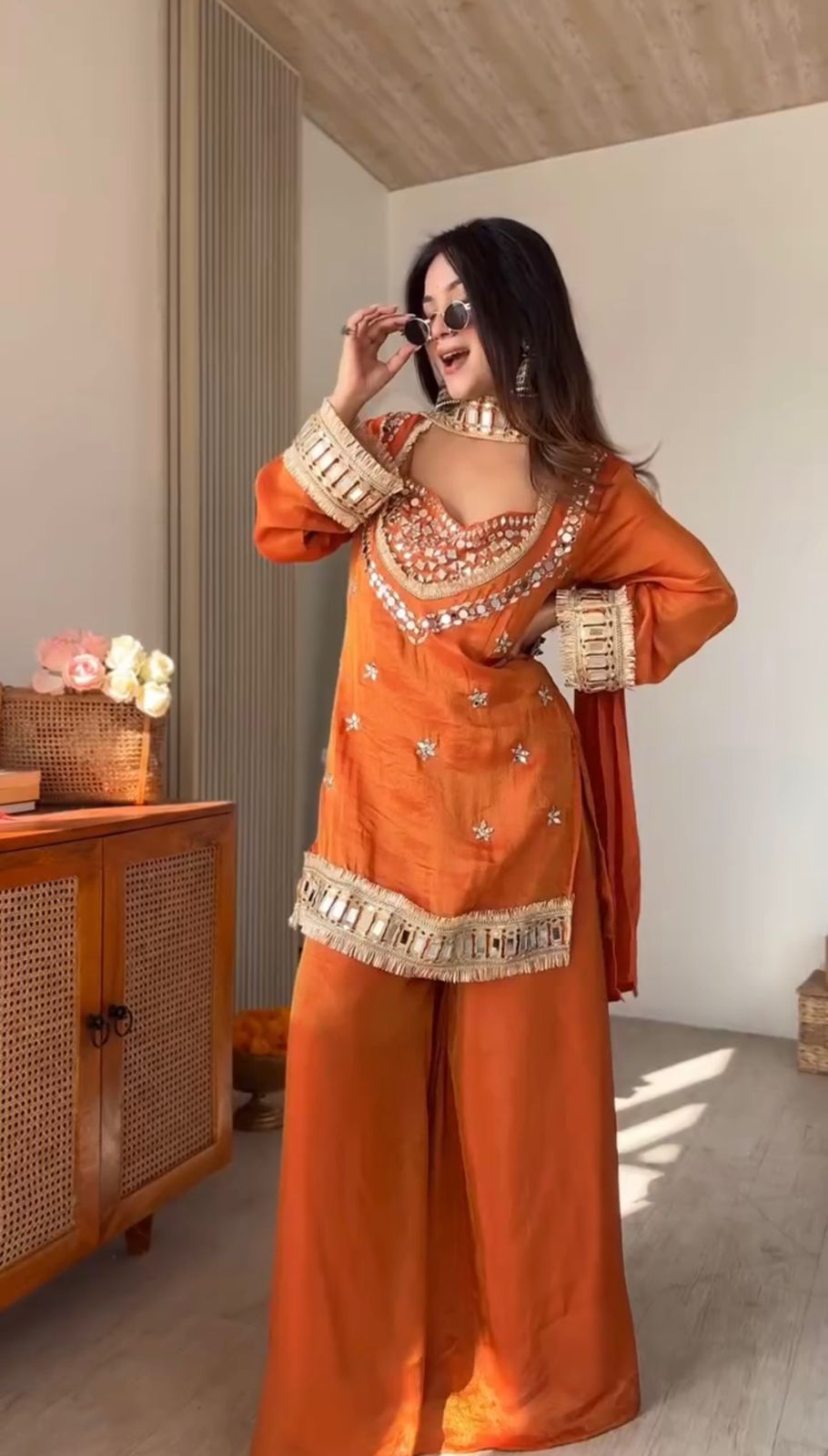 Ruhani sunset orange zari suit