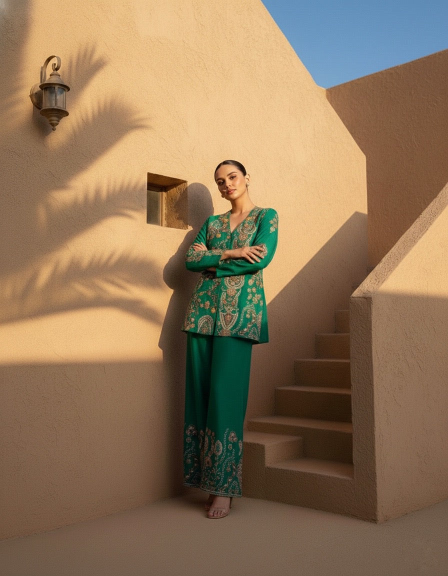 Sonakshi Three Piece Emerald Green Indowestern Set