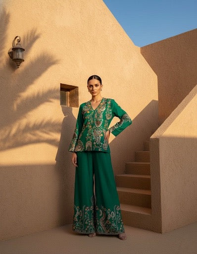 Sonakshi Three Piece Emerald Green Indowestern Set