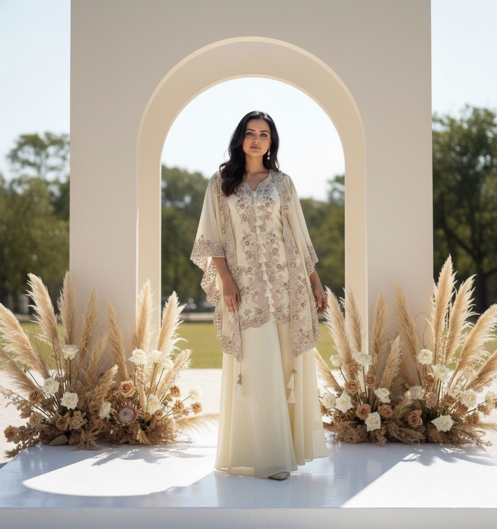 Yami Orange Indowestern Three piece Cape Set