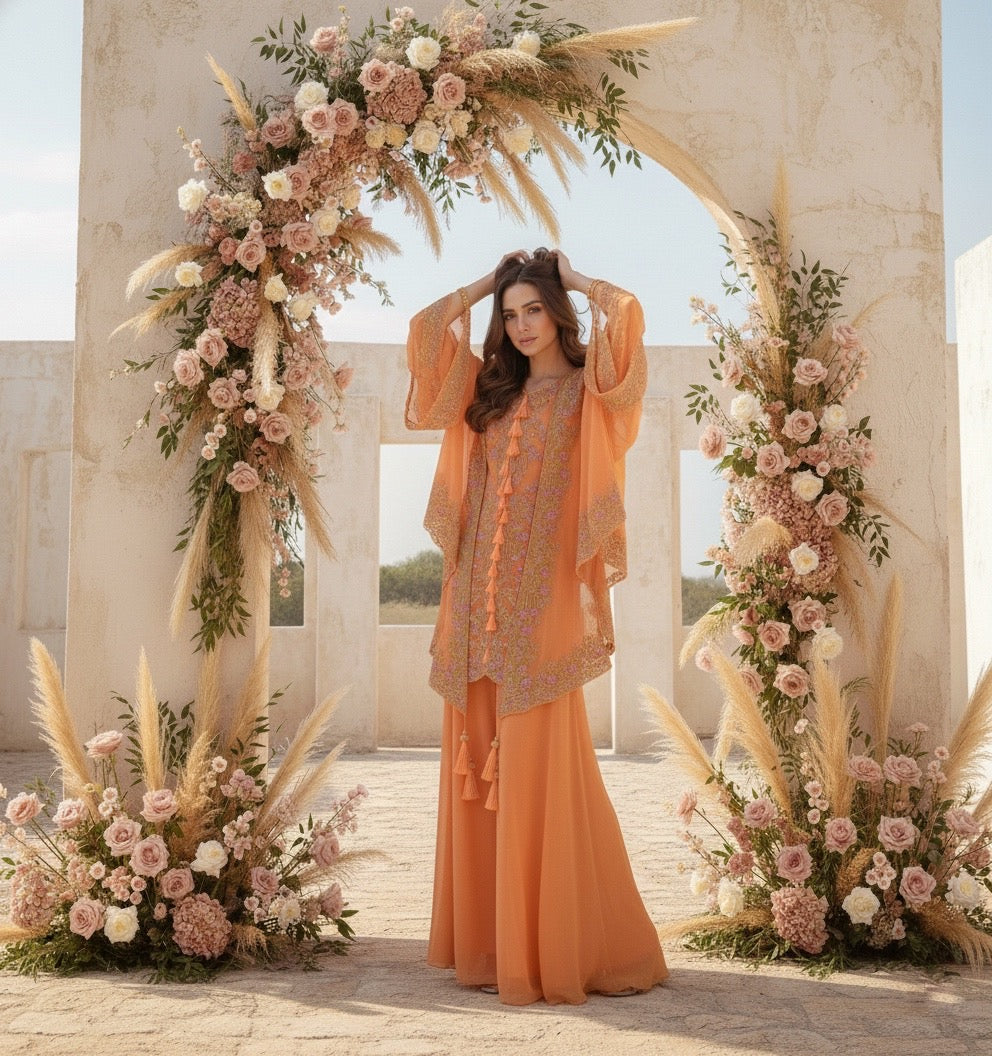 Yami Orange Indowestern Three piece Cape Set