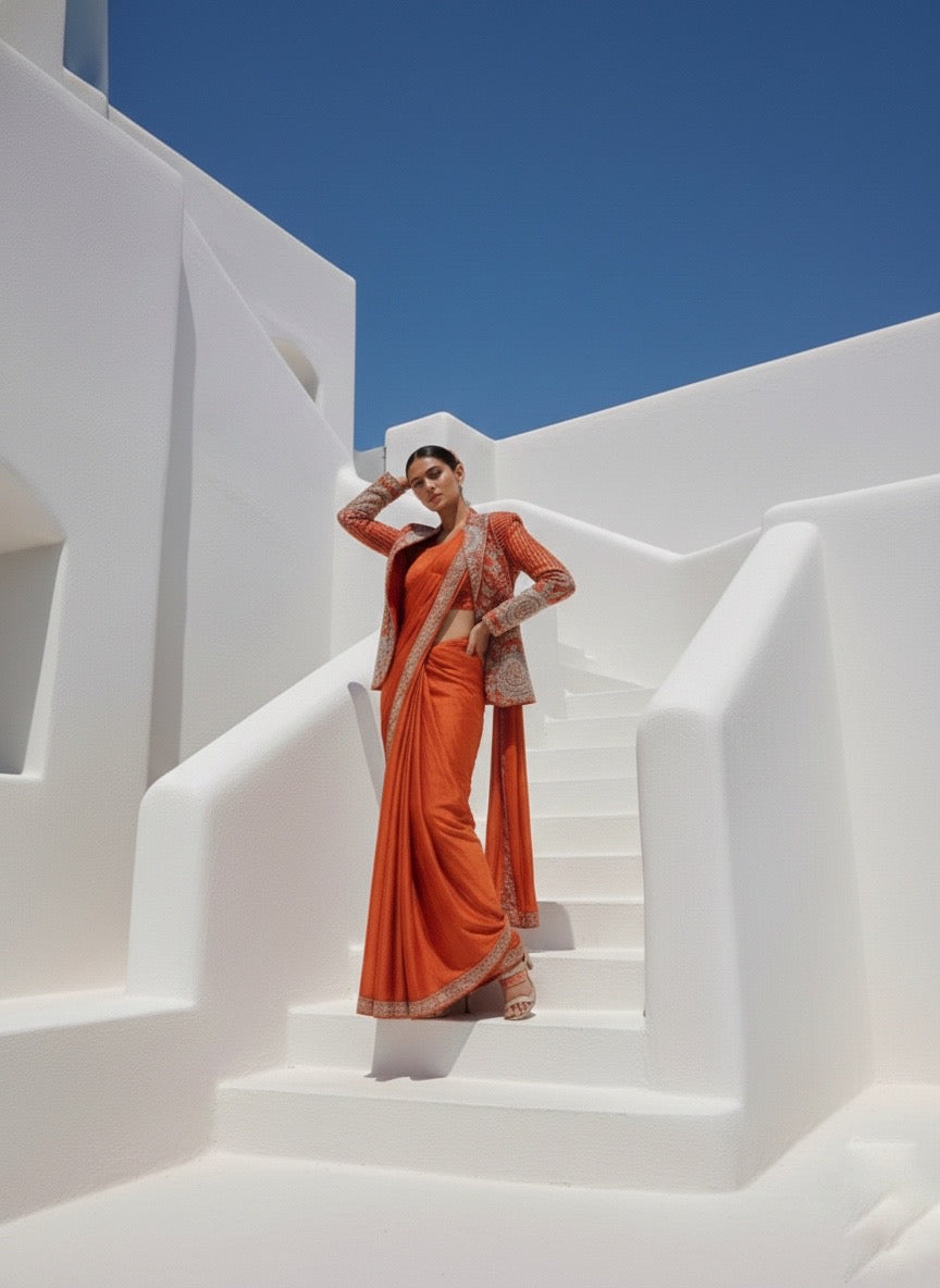 Rashmika Orange Jacket Drape Saree