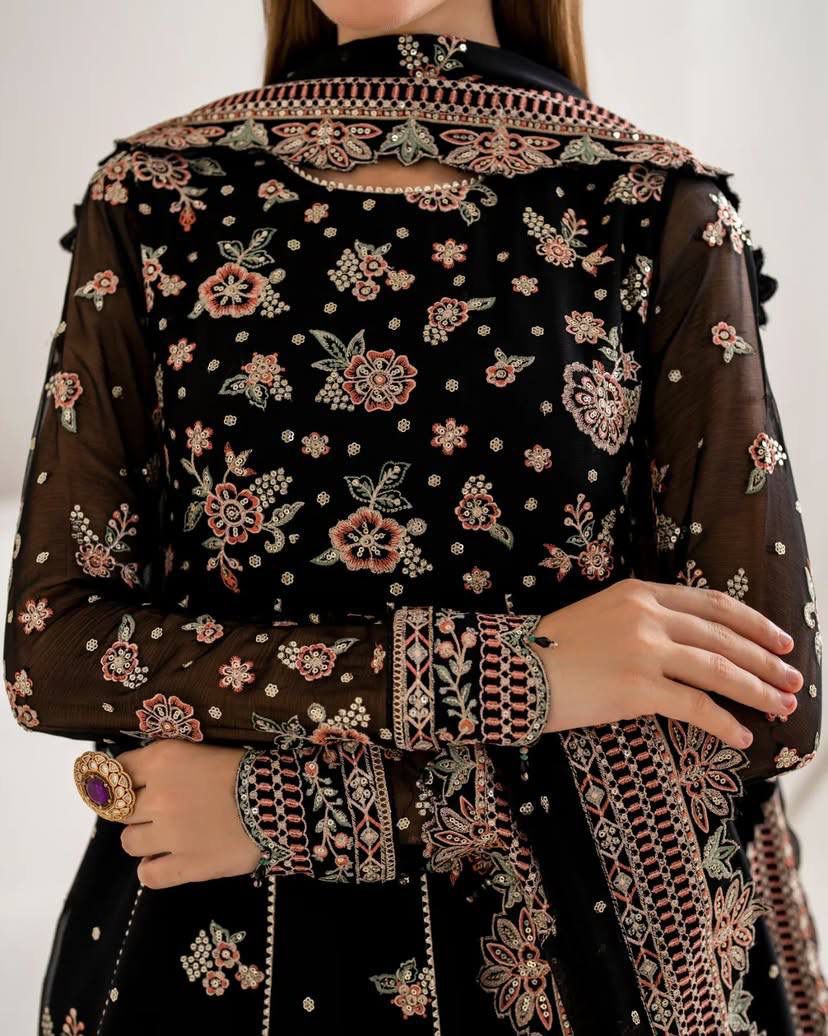 Midnight Black Rose Anarkali Set