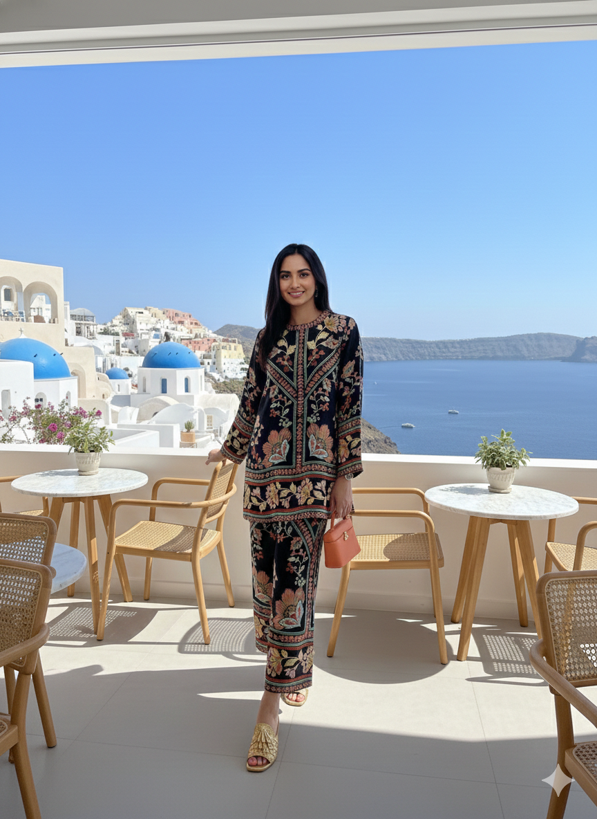 Santorini luxe midnight botanical print co-ord set