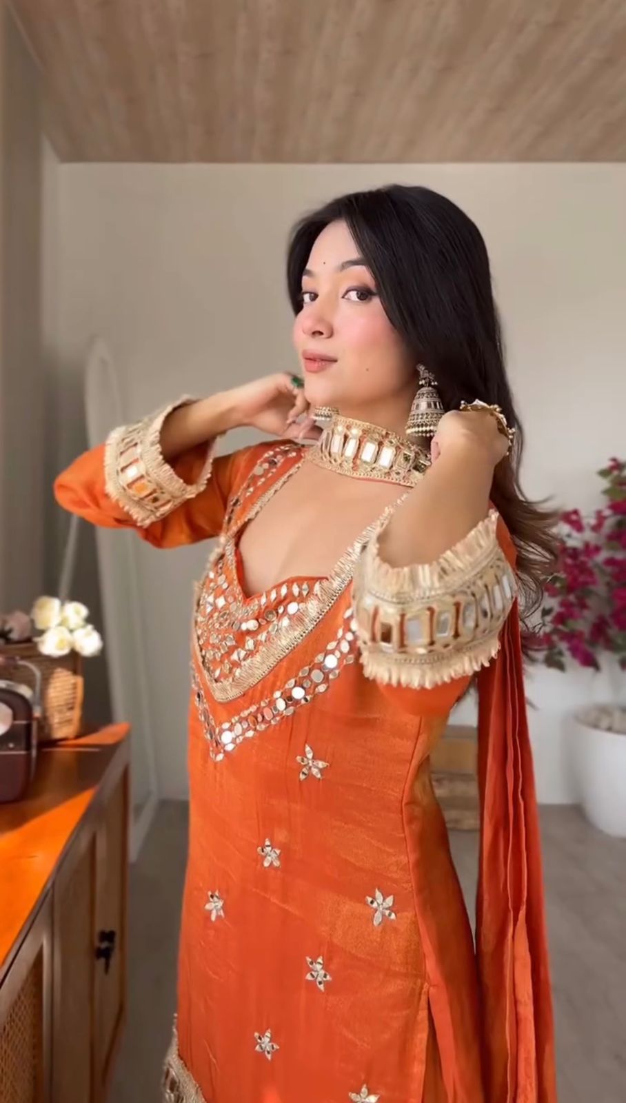 Ruhani sunset orange zari suit