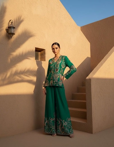 Sonakshi Three Piece Emerald Green Indowestern Set