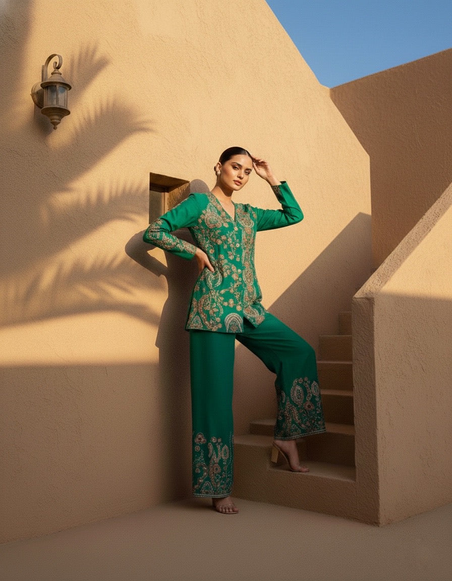 Sonakshi Three Piece Emerald Green Indowestern Set