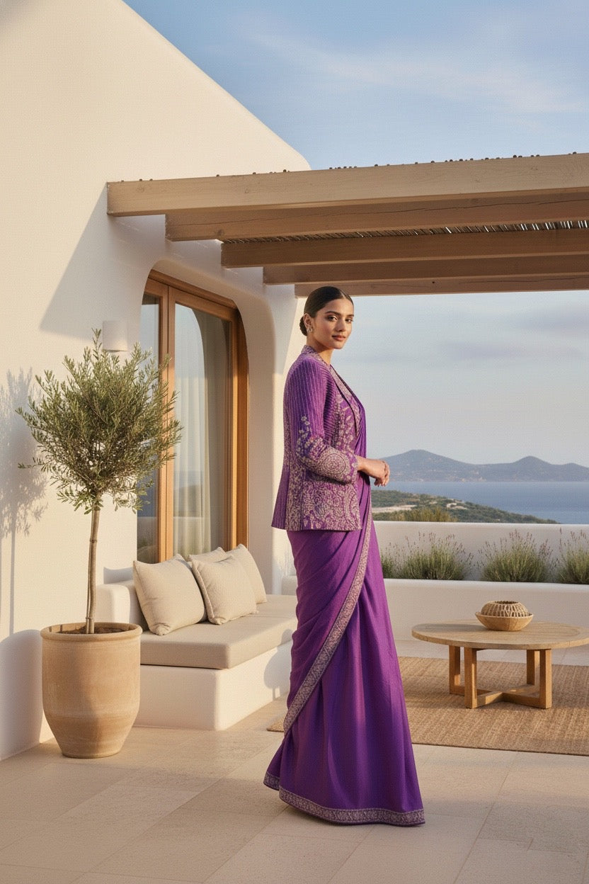Rashmika Purple Jacket Drape Saree