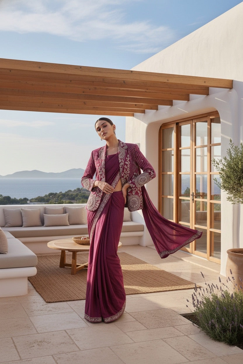 Rashmika Purple Jacket Drape Saree