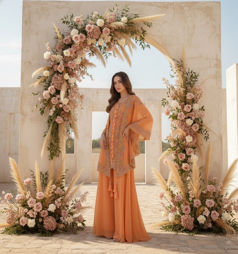 Yami Orange Indowestern Three piece Cape Set