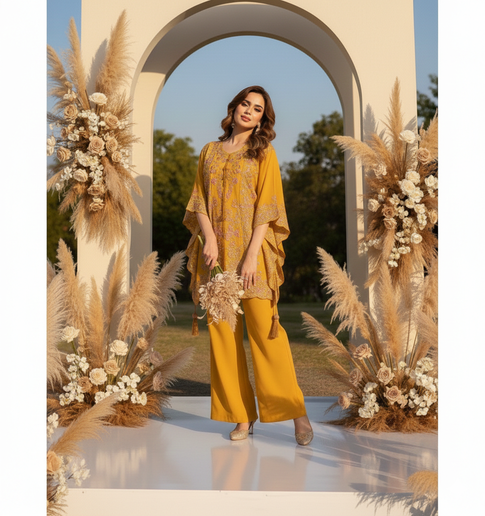 Yami Mustard Three Piece Indowestern Cape Set