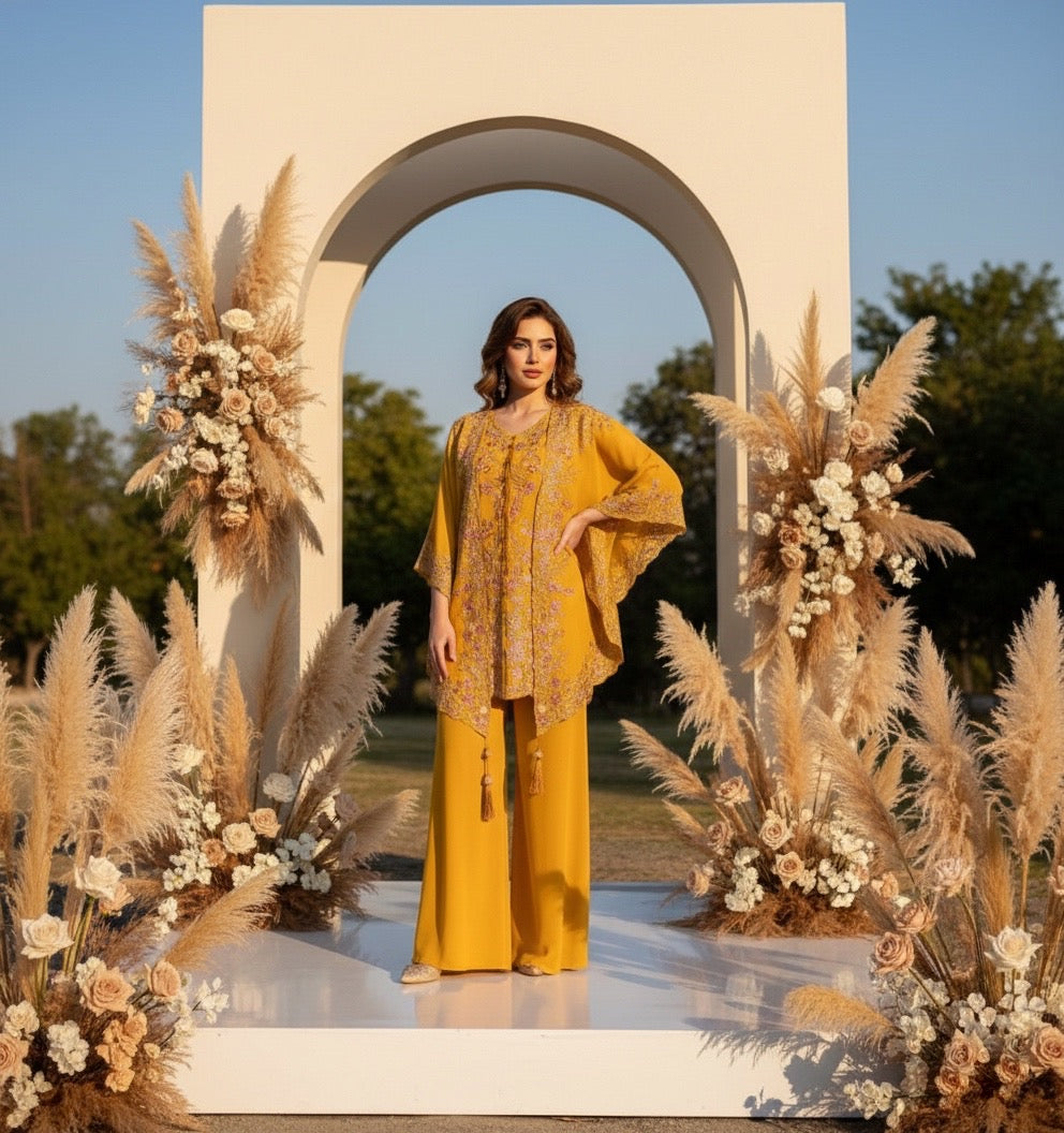 Yami Mustard Three Piece Indowestern Cape Set