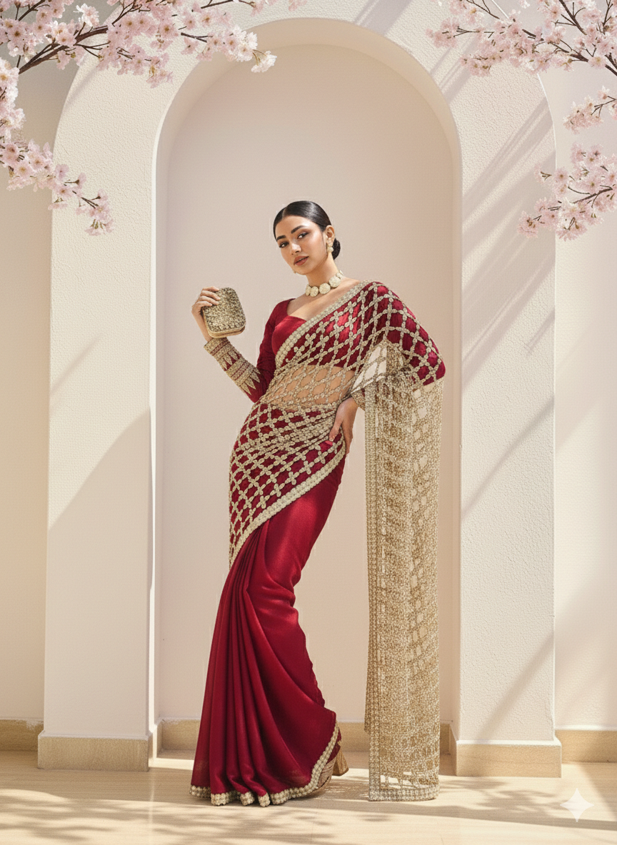 Sonali rich red gold saree