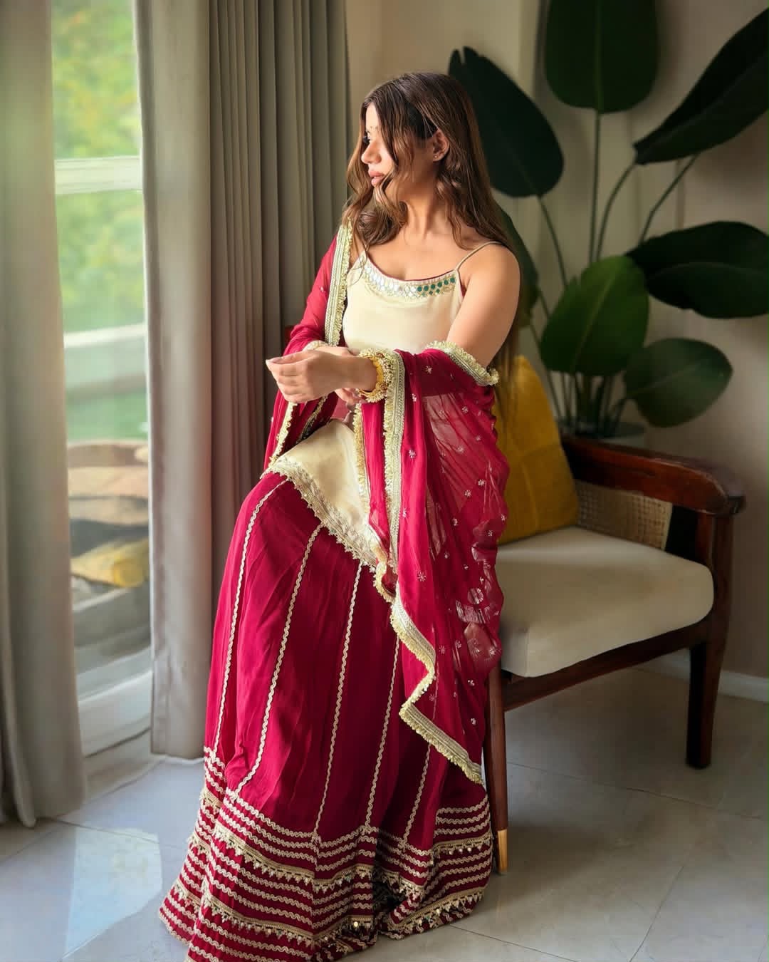 Riviya Ivory and Wine Kurta Lehenga Set