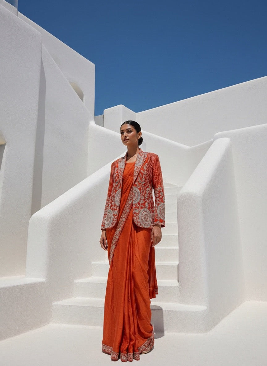 Rashmika Orange Jacket Drape Saree