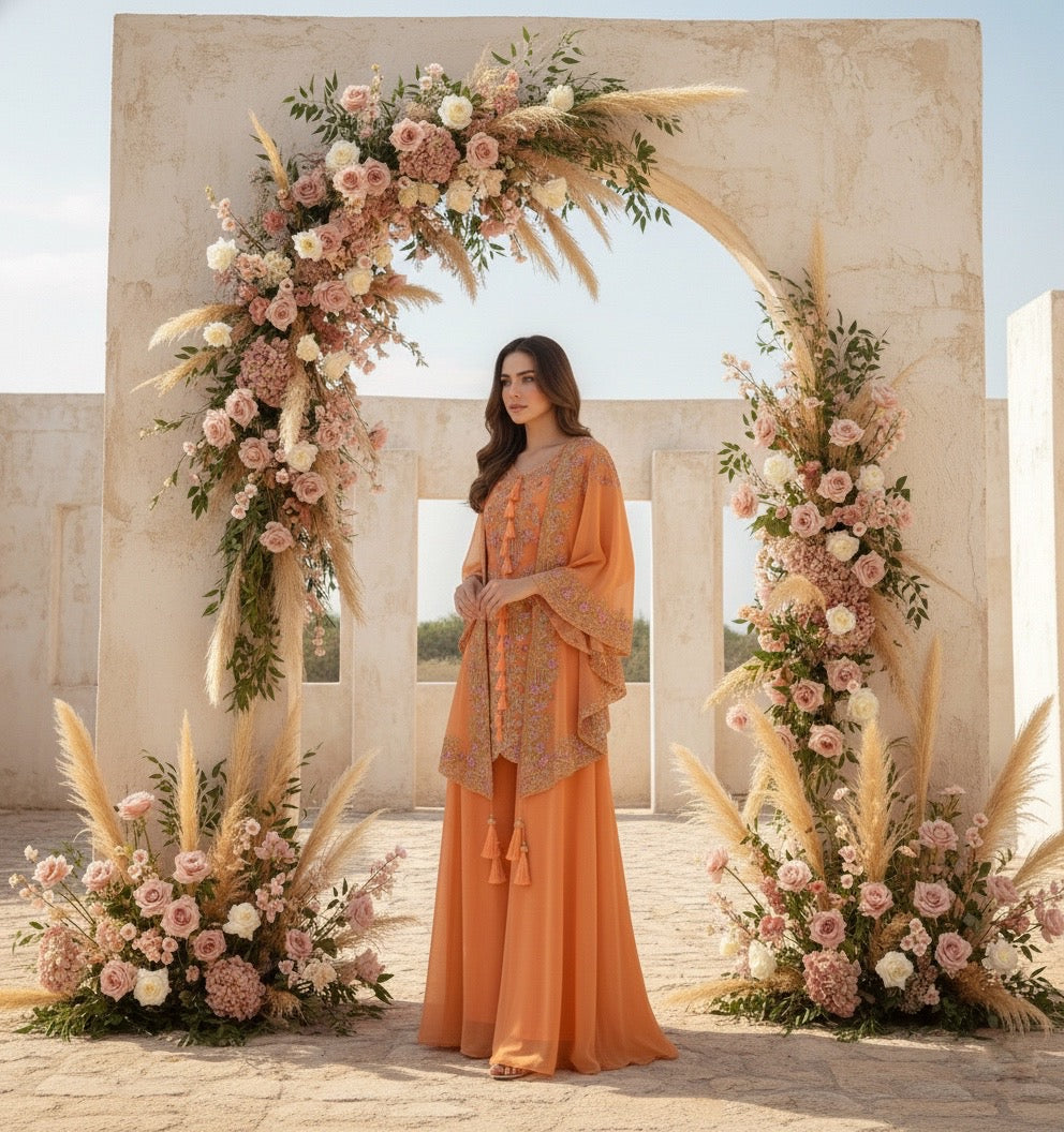 Yami Orange Indowestern Three piece Cape Set