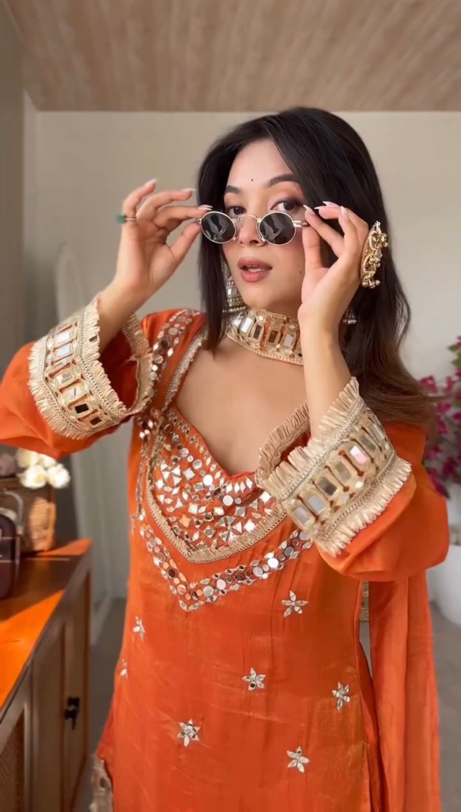 Ruhani sunset orange zari suit