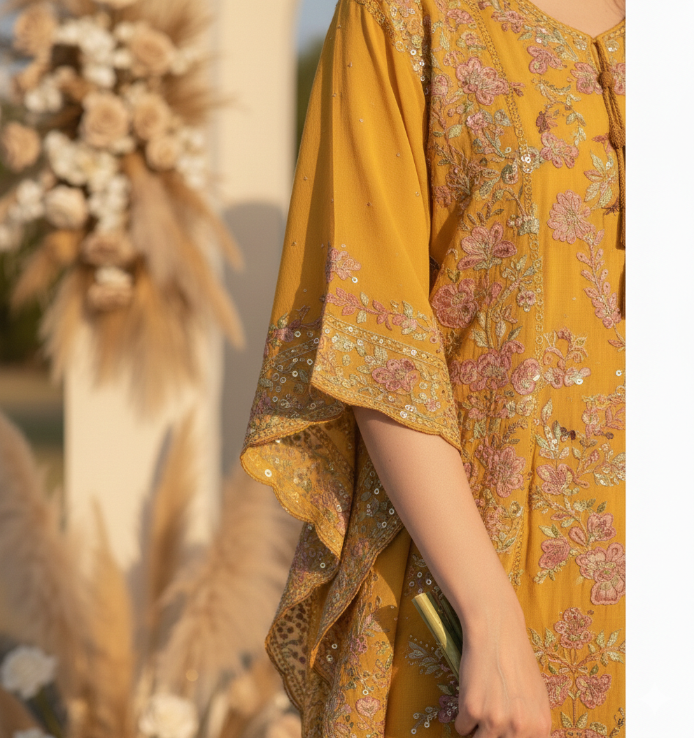 Yami Mustard Three Piece Indowestern Cape Set