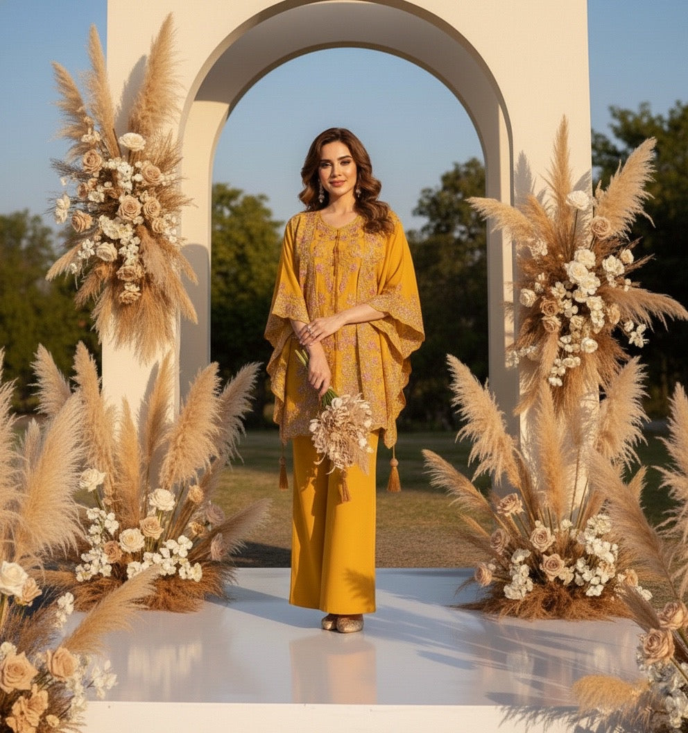 Yami Mustard Three Piece Indowestern Cape Set