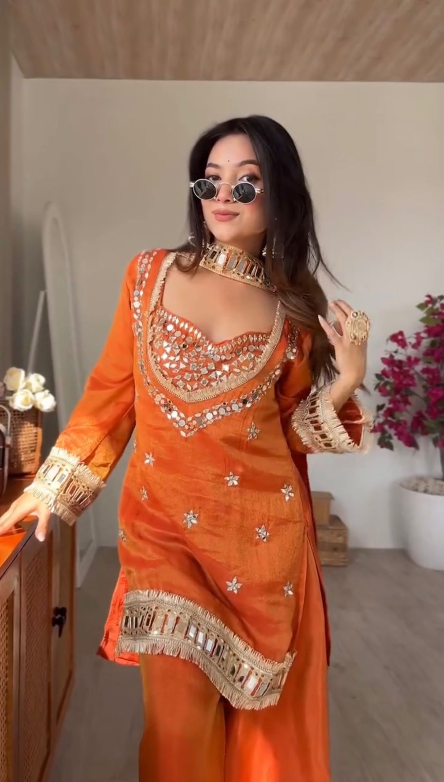 Ruhani sunset orange zari suit