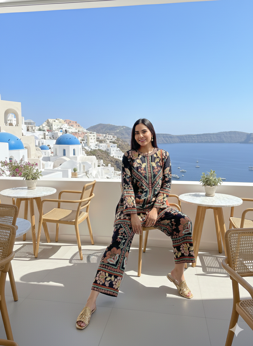 Santorini luxe midnight botanical print co-ord set
