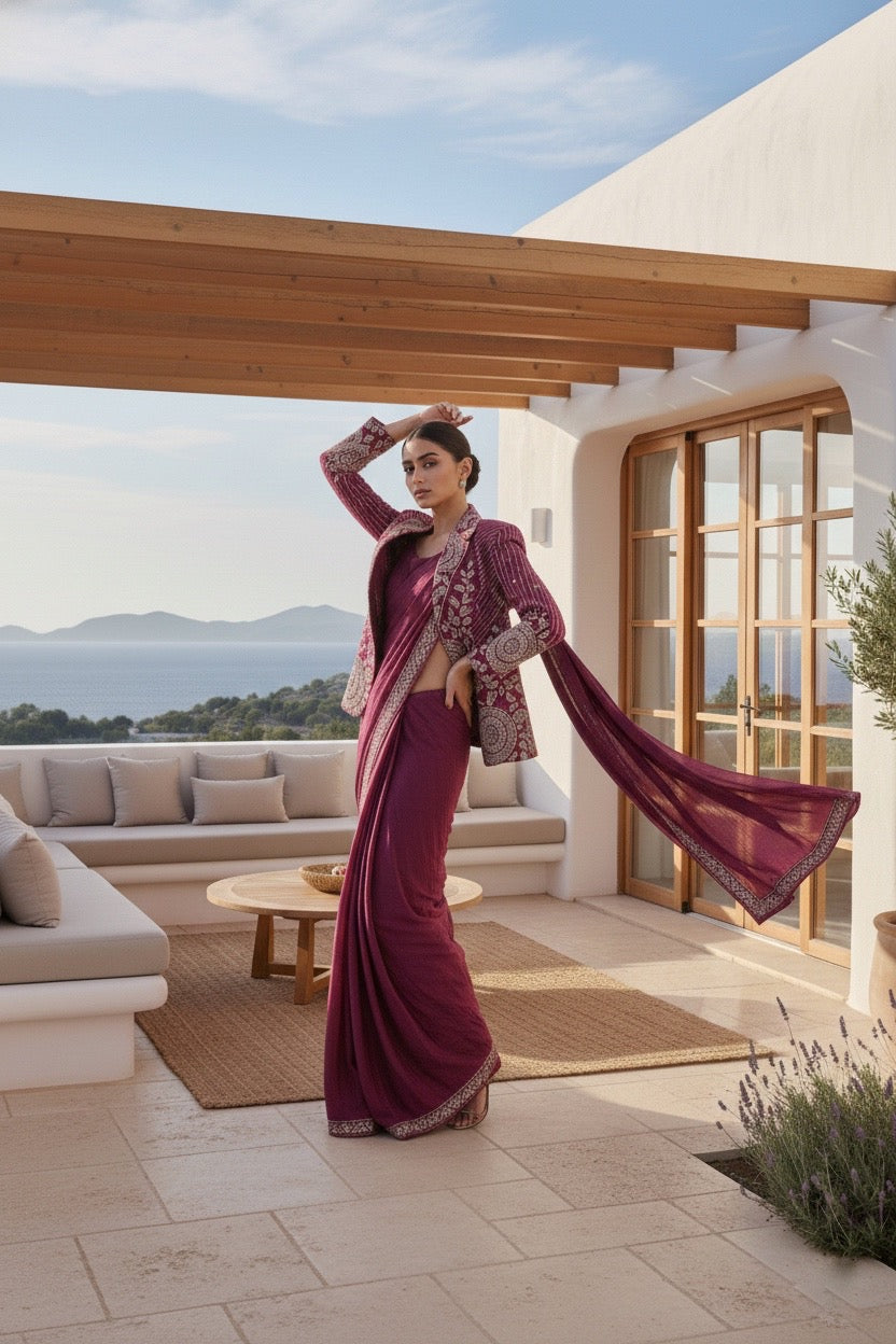 Rashmika Purple Jacket Drape Saree