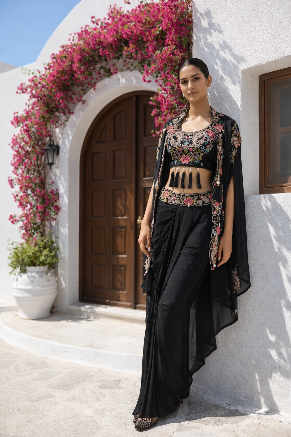 Tapsee Black Dhoti Cape Set