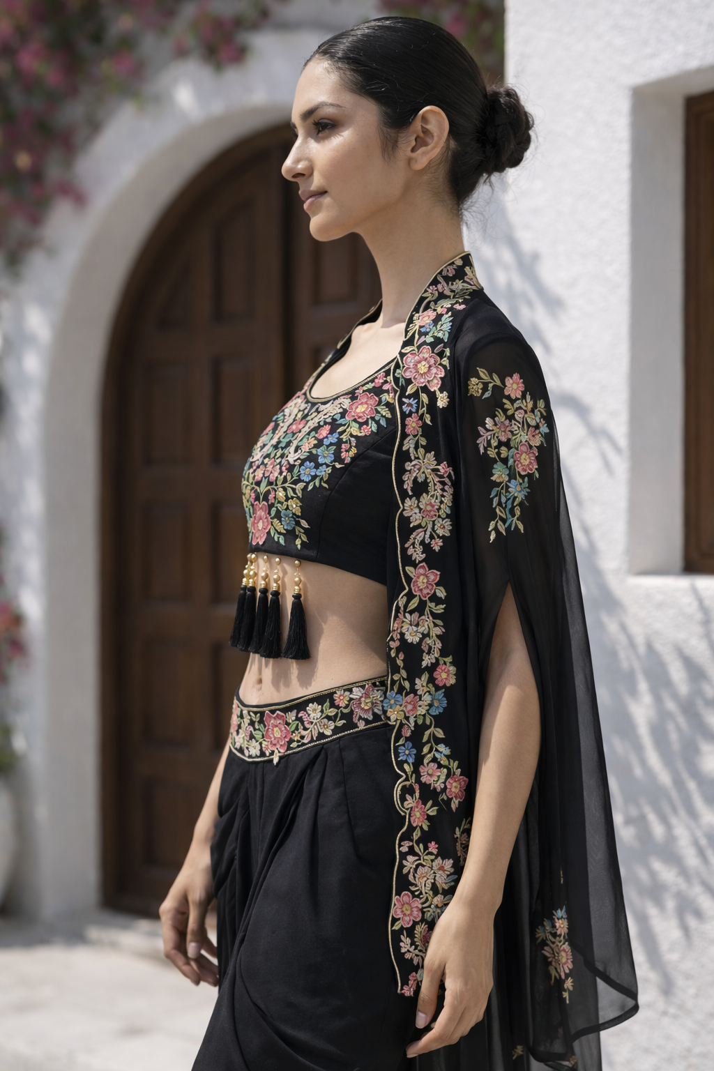 Tapsee Black Dhoti Cape Set