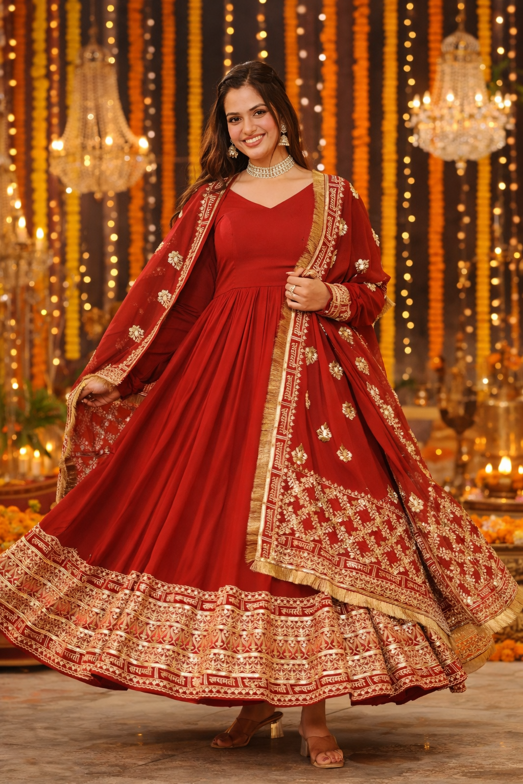 Shruti red gold anarkali Set
