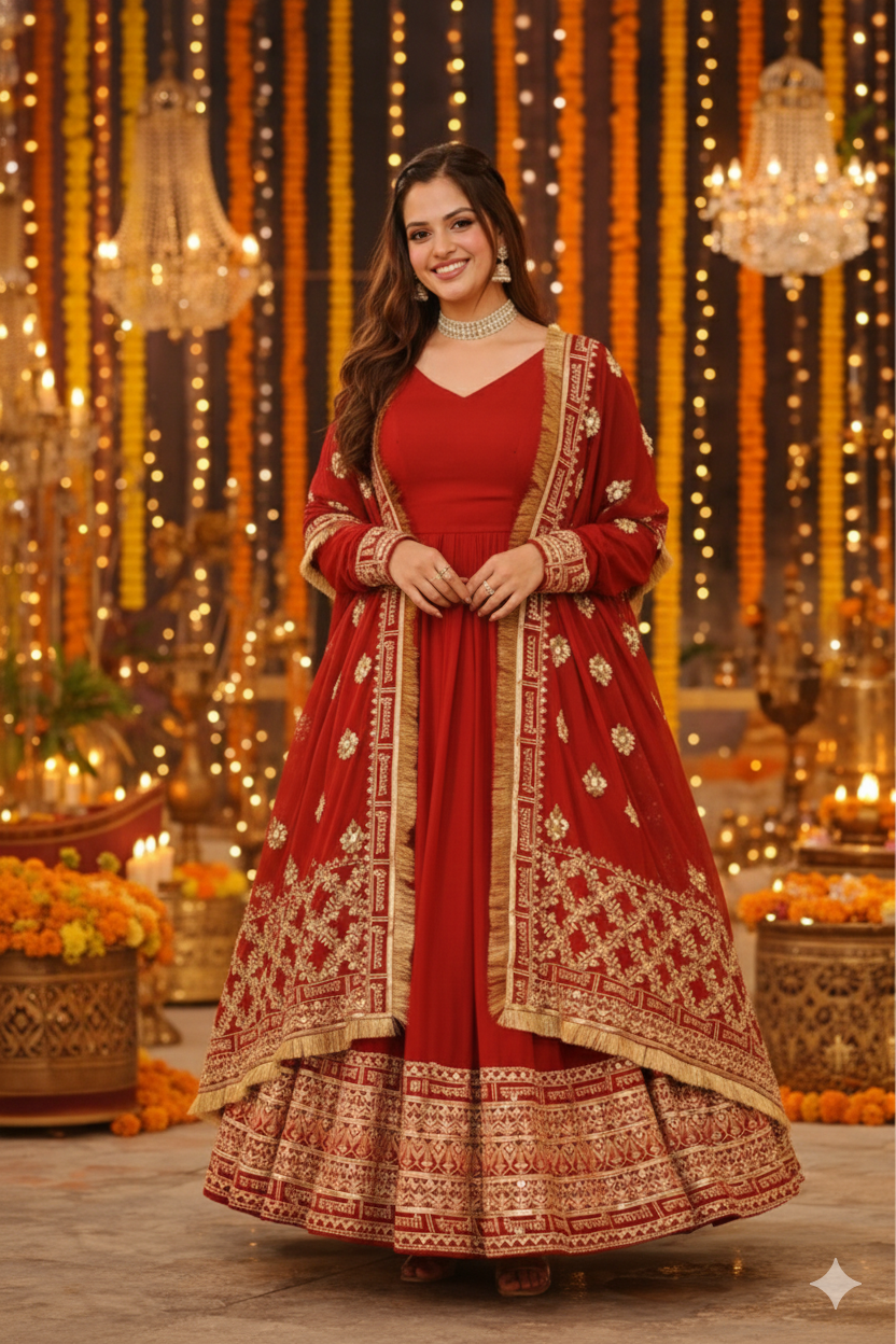 Shruti red gold anarkali Set