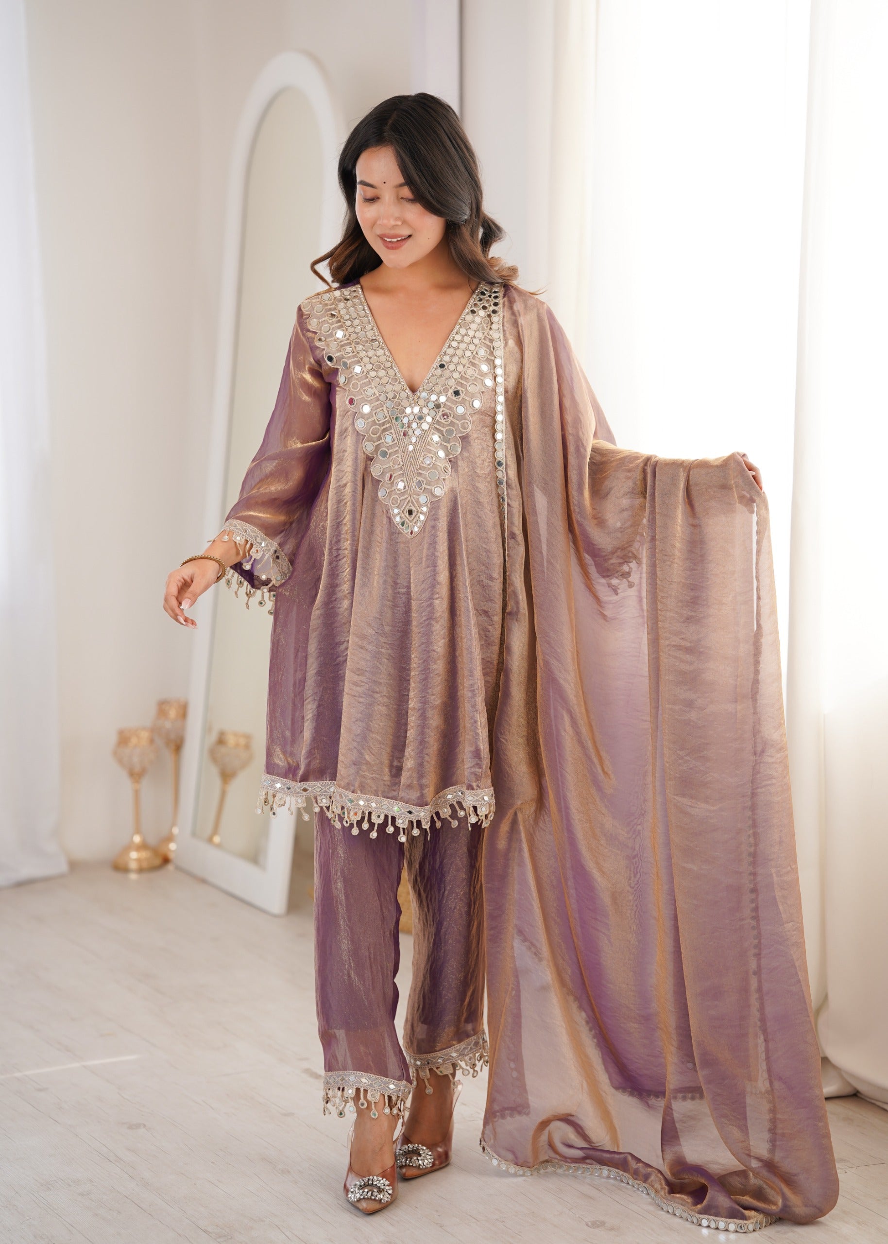 Zarmina Rose gold flared Suit
